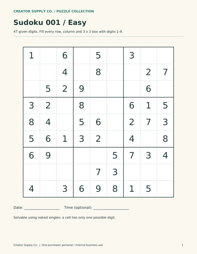 Printable Sudoku 001 on an easy 9-by-9 puzzle page with a partially filled number grid.