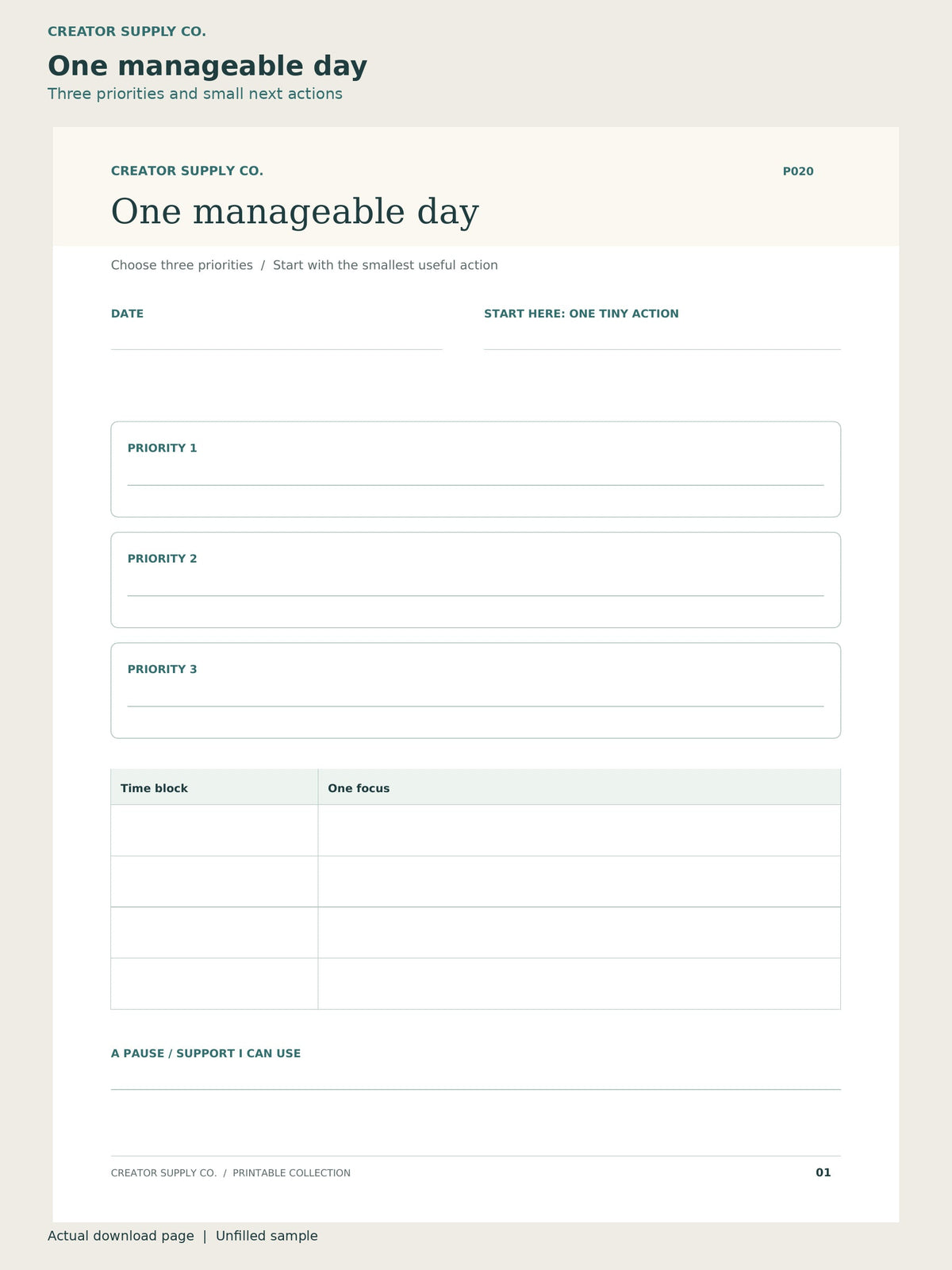Actual unfilled one manageable day page from product P020: three priorities and small next actions. Complete buyer PDF page shown without cropping.