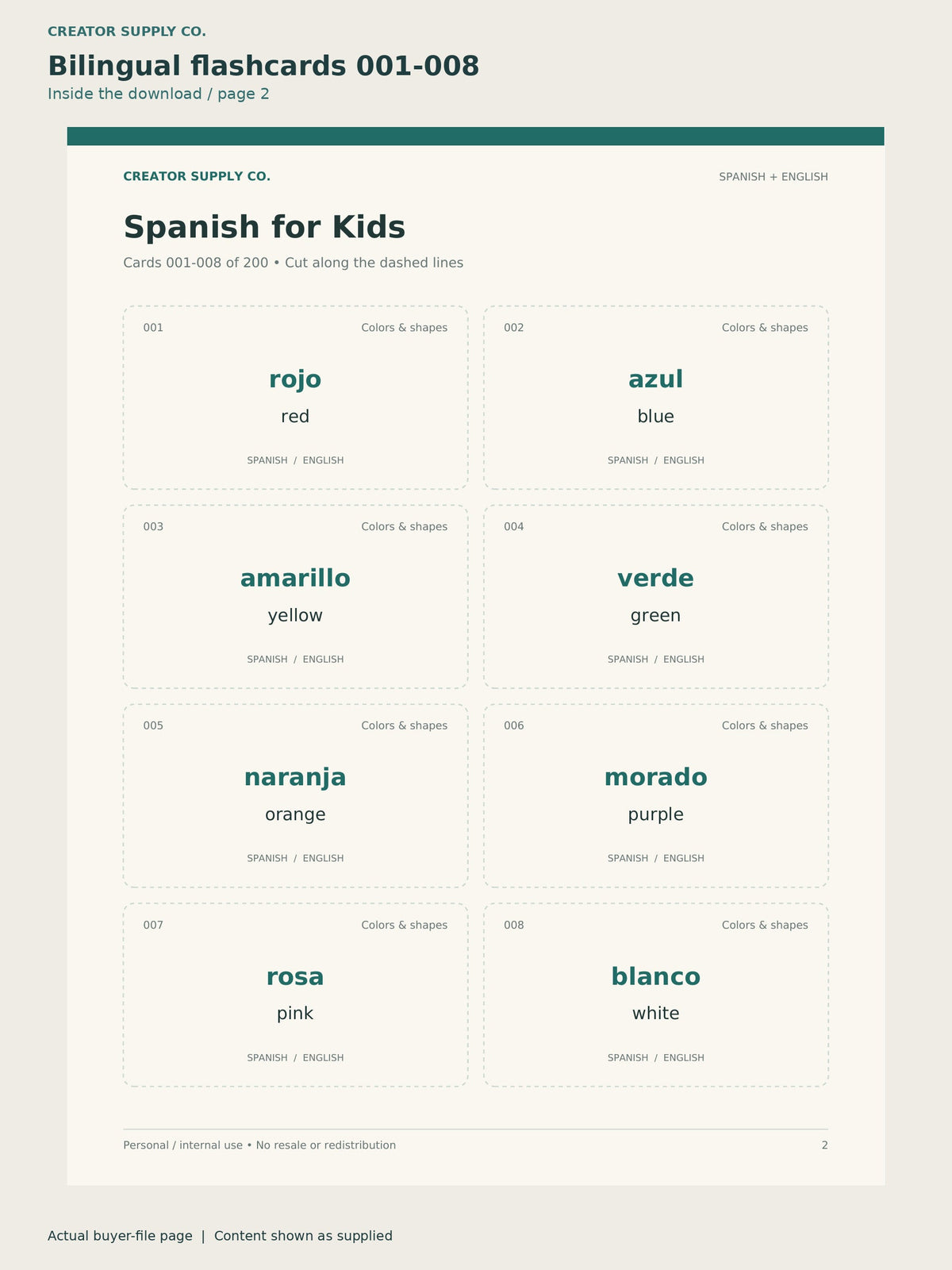Actual page 2 from Spanish for Kids Flashcards, showing Bilingual flashcards 001-008.