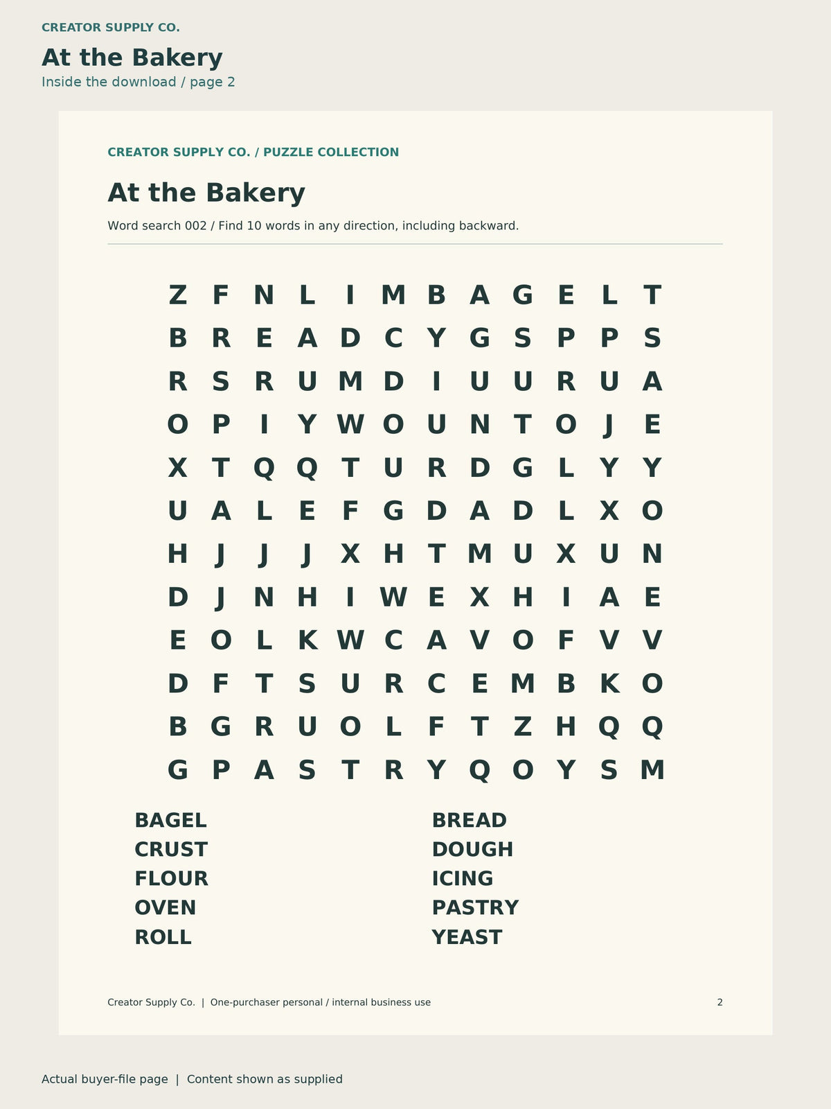 Actual page 2 from Large Print Word Search for Seniors, showing At the Bakery.