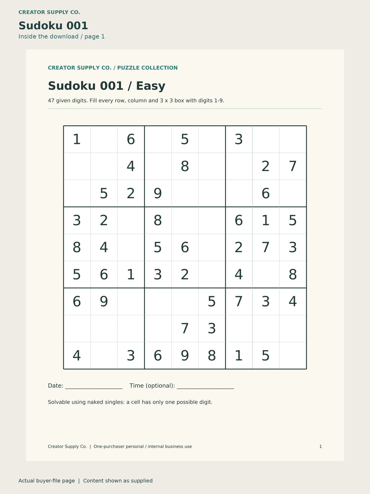 Actual page 1 from Sudoku Book (Easy to Hard), showing Sudoku 001.