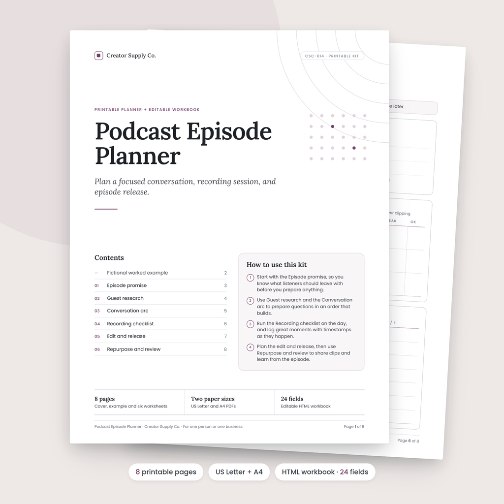 Podcast Episode Planner cover and contents page