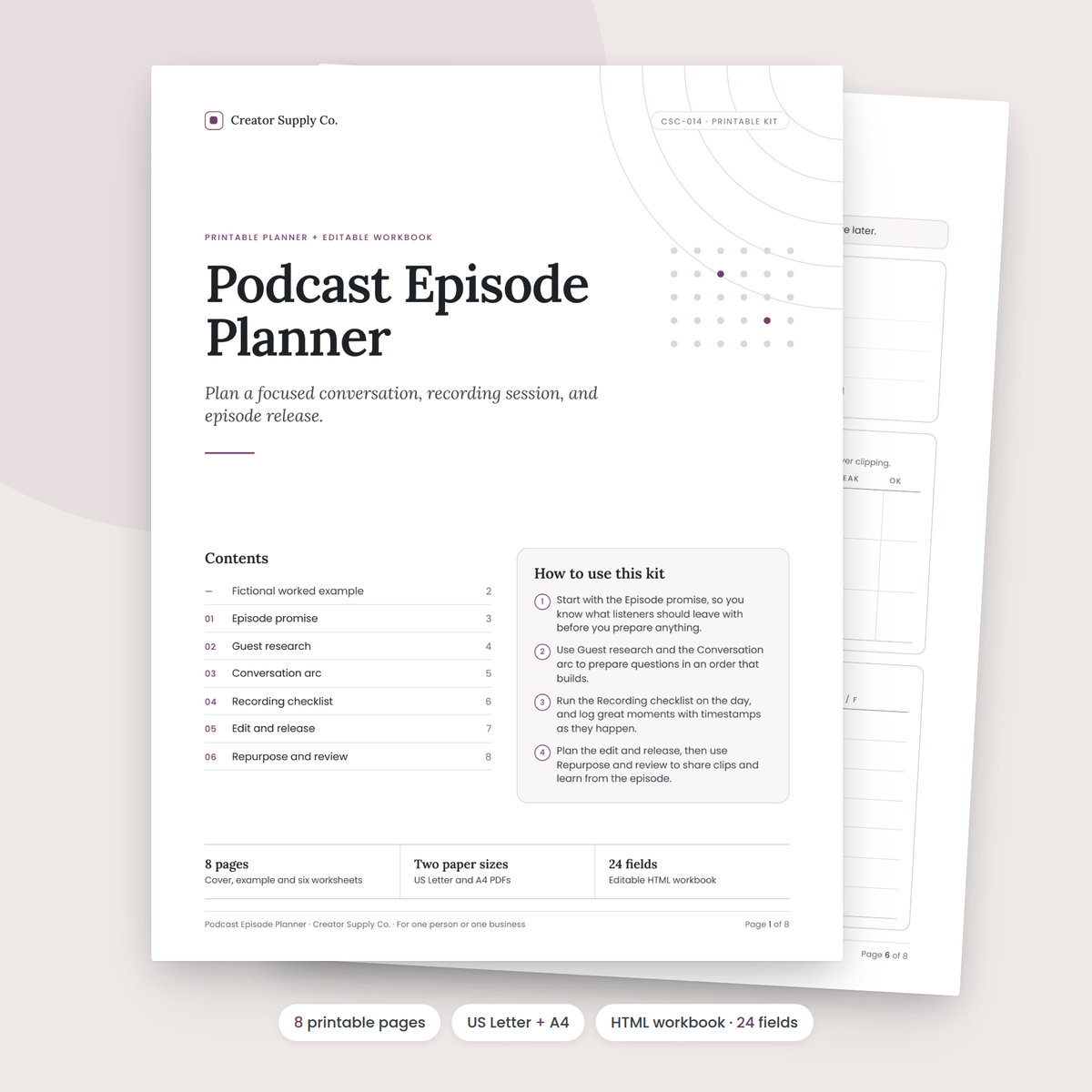 Podcast Episode Planner cover and contents page