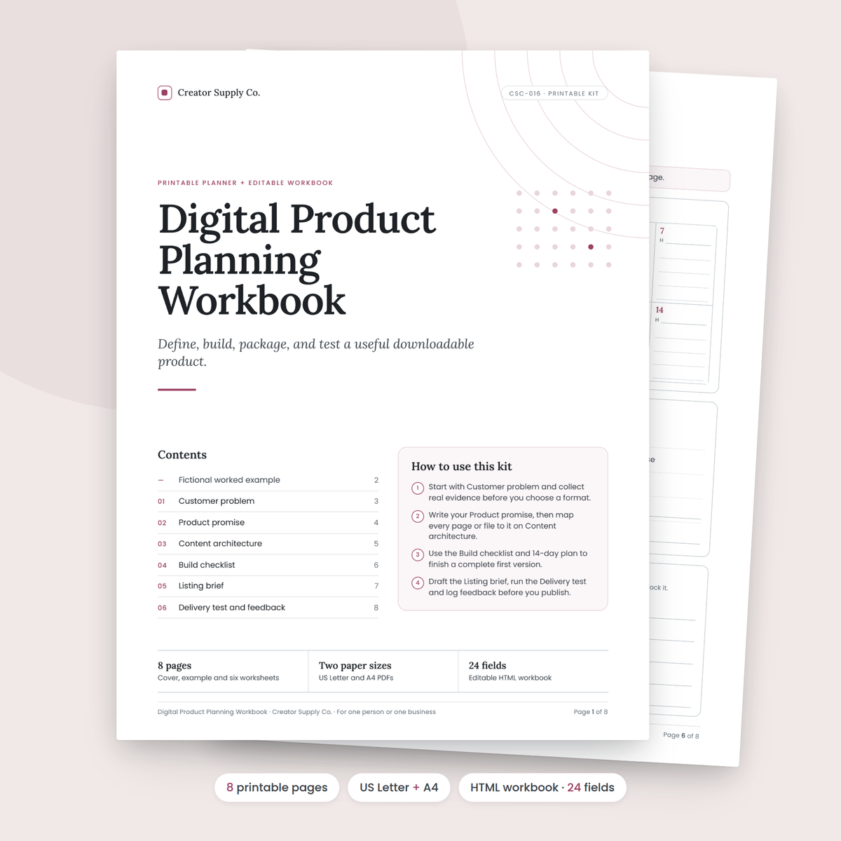Digital Product Planning Workbook cover and contents page