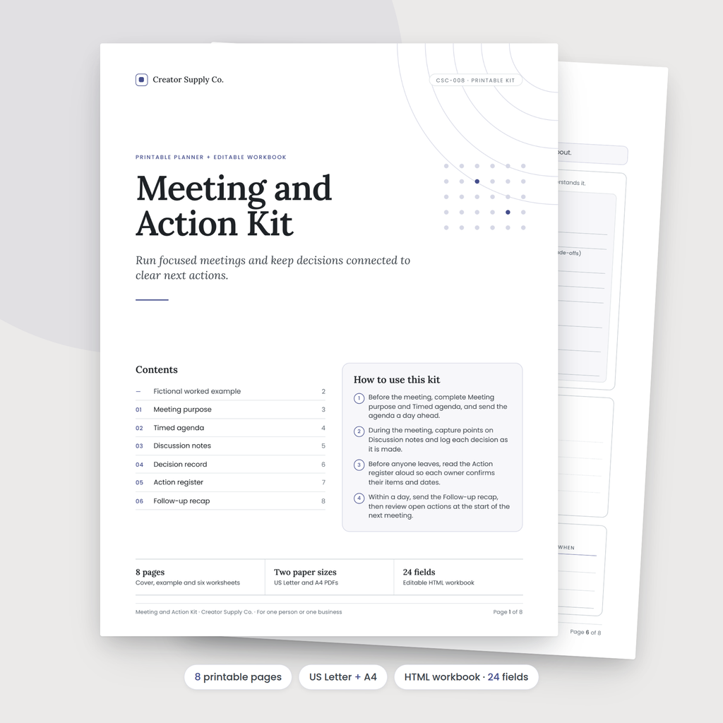 Meeting and Action Kit cover and contents page