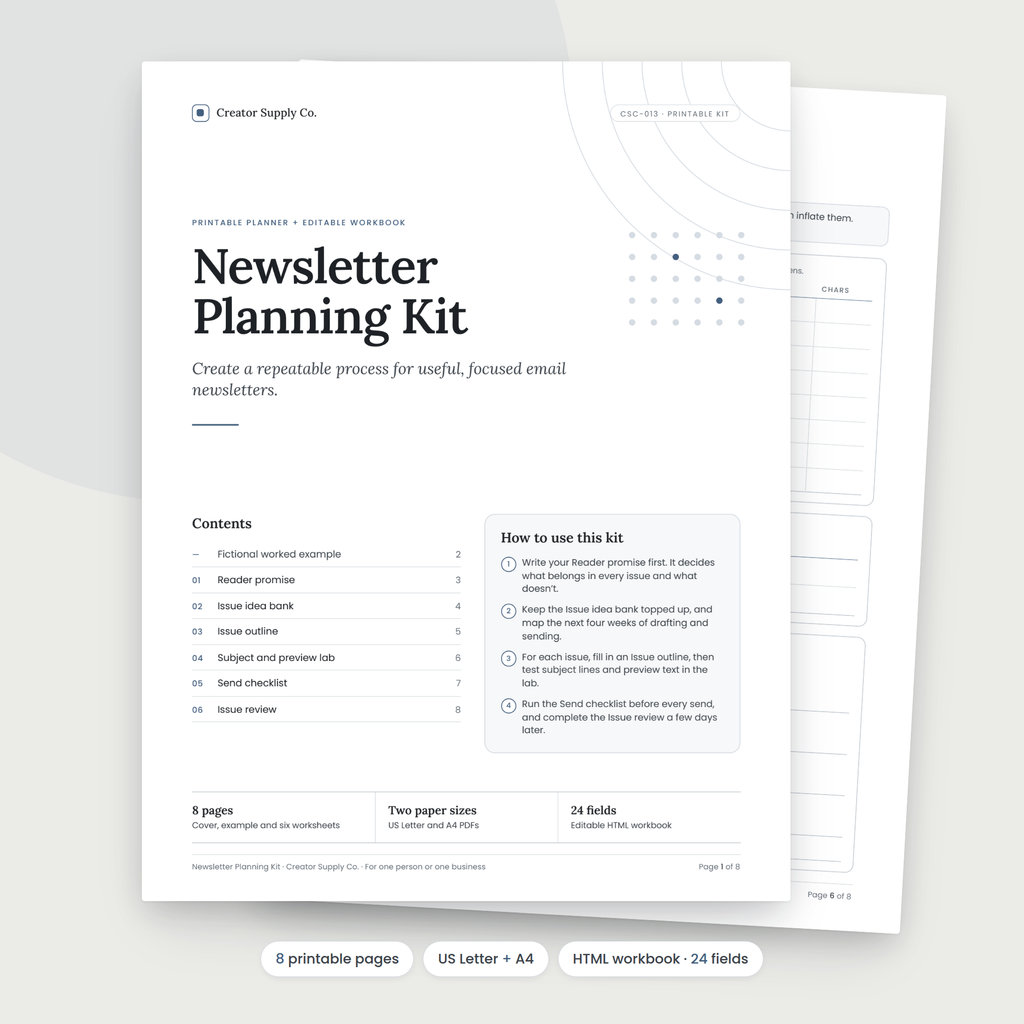 Newsletter Planning Kit cover and contents page
