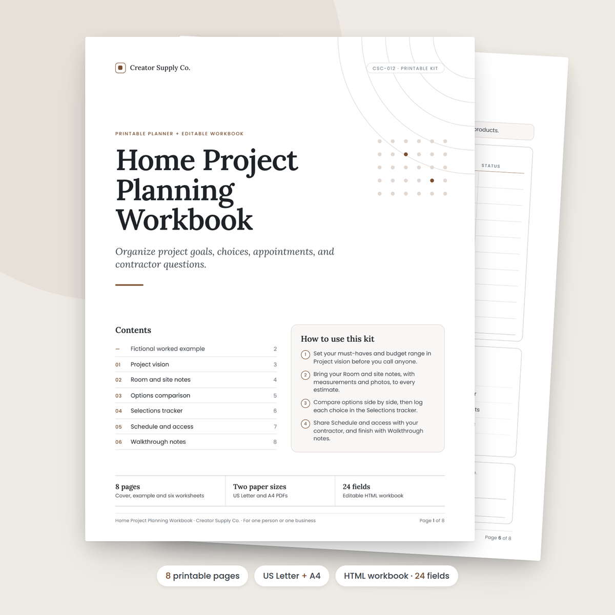 Home Project Planning Workbook cover and contents page