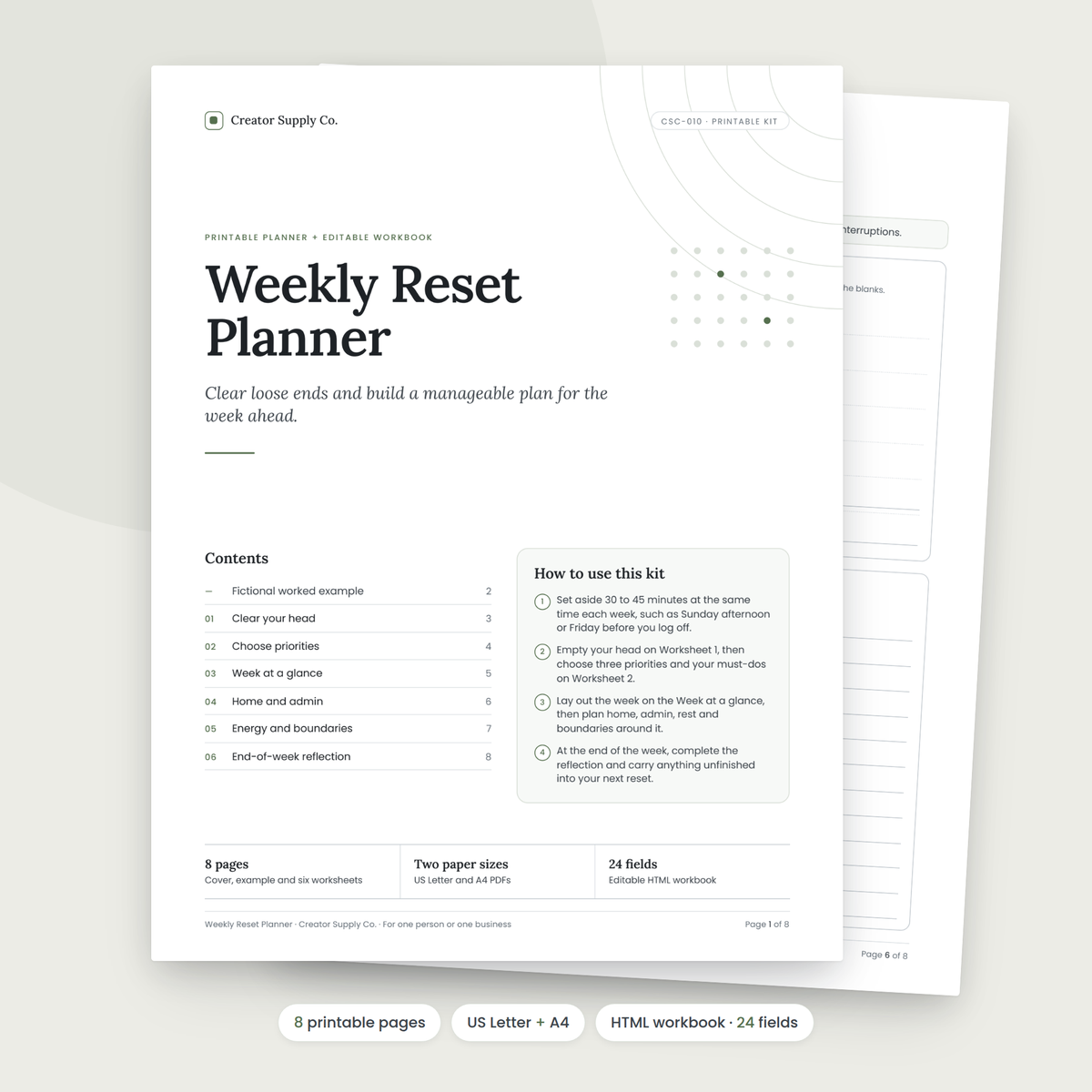 Weekly Reset Planner cover and contents page