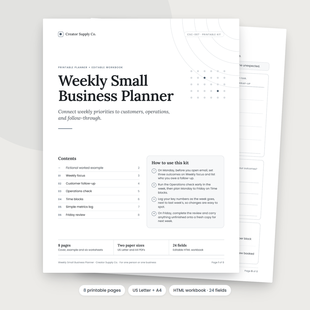 Weekly Small Business Planner cover and contents page