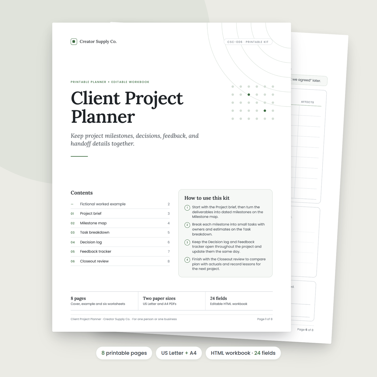 Client Project Planner cover and contents page