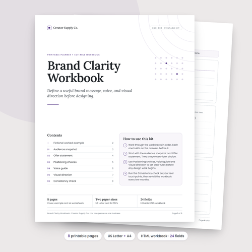 Brand Clarity Workbook cover and contents page