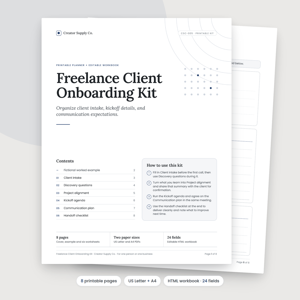 Freelance Client Onboarding Kit cover and contents page