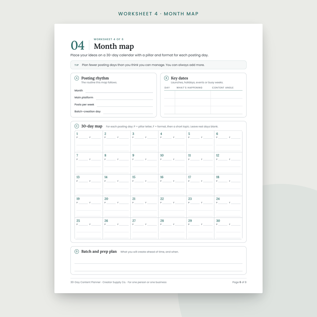 30-Day Content Planner sample worksheet page
