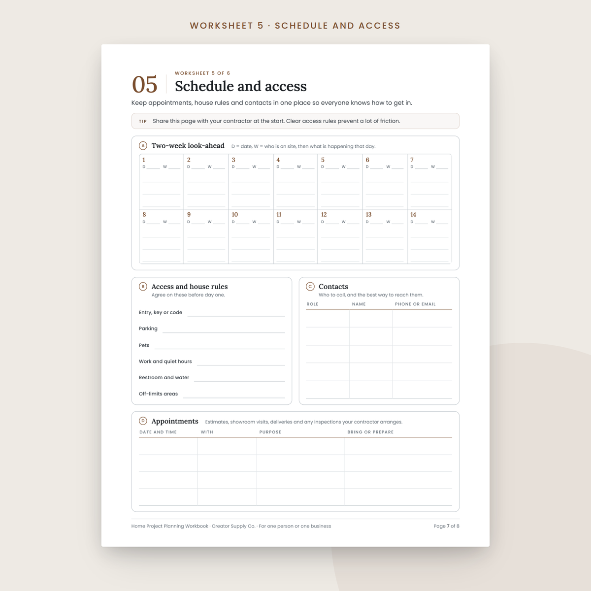 Home Project Planning Workbook sample worksheet page
