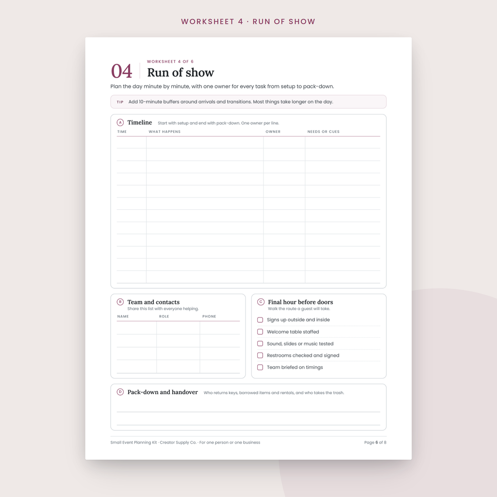 Small Event Planning Kit sample worksheet page