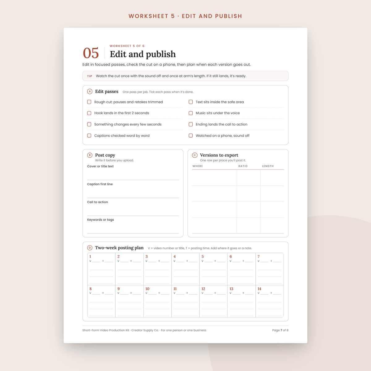 Short-Form Video Production Kit sample worksheet page