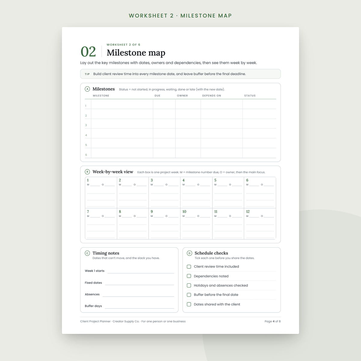 Client Project Planner sample worksheet page