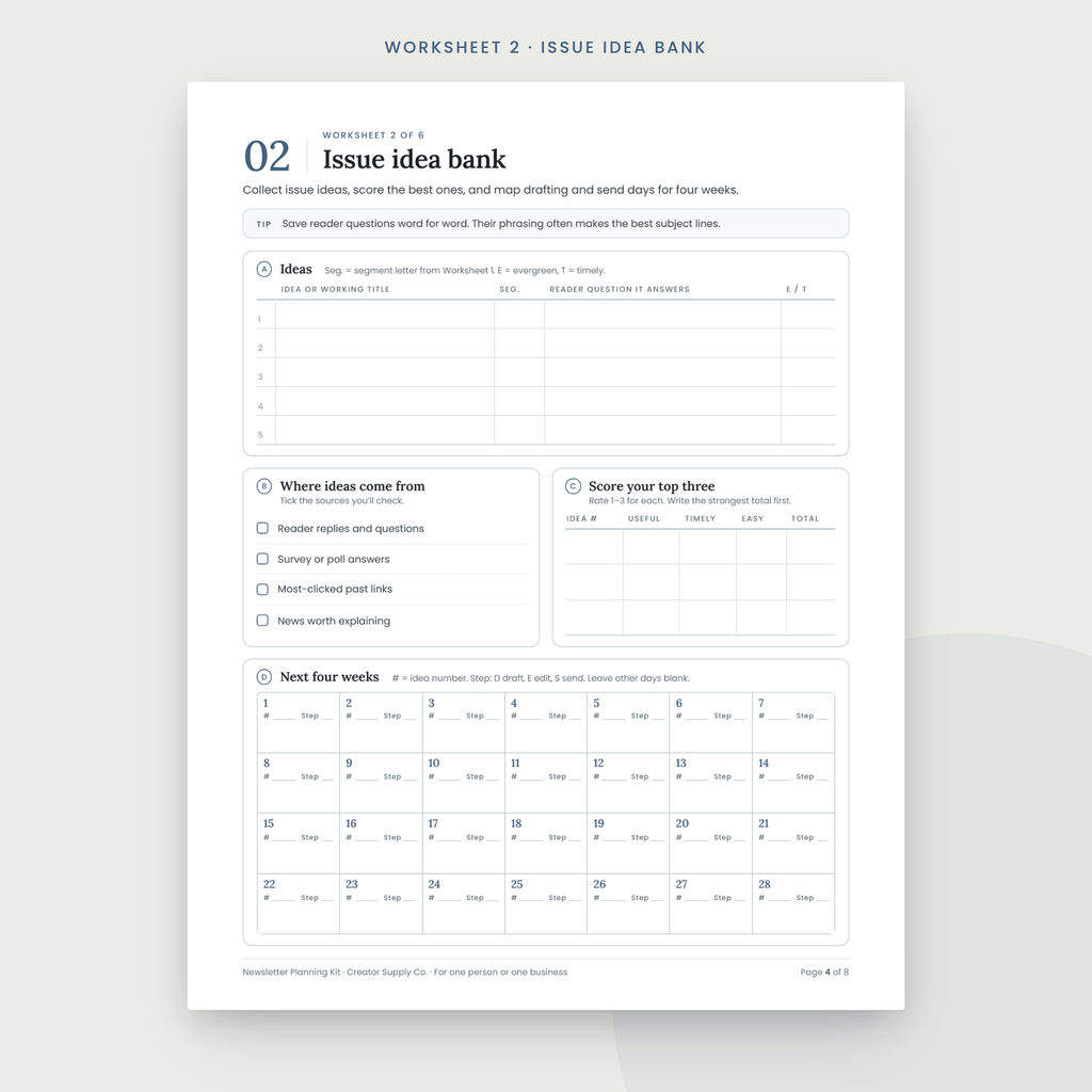 Newsletter Planning Kit sample worksheet page
