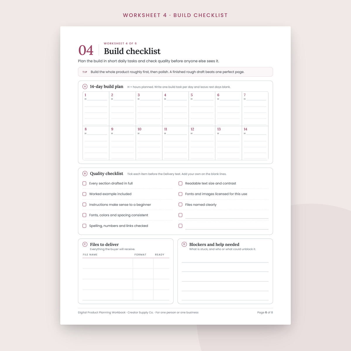 Digital Product Planning Workbook sample worksheet page