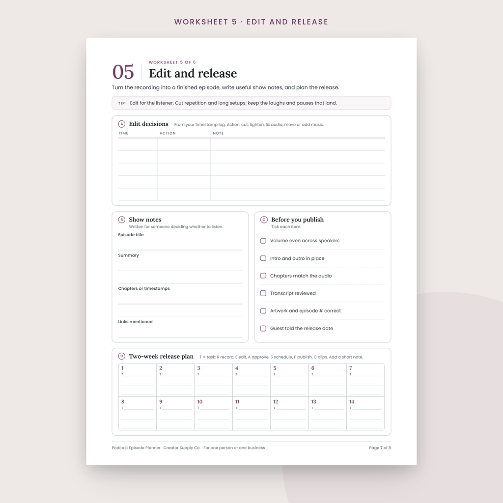 Podcast Episode Planner sample worksheet page
