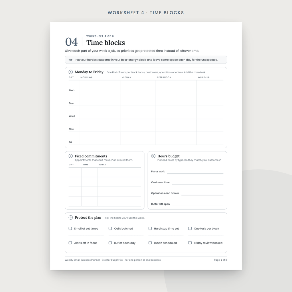 Weekly Small Business Planner sample worksheet page