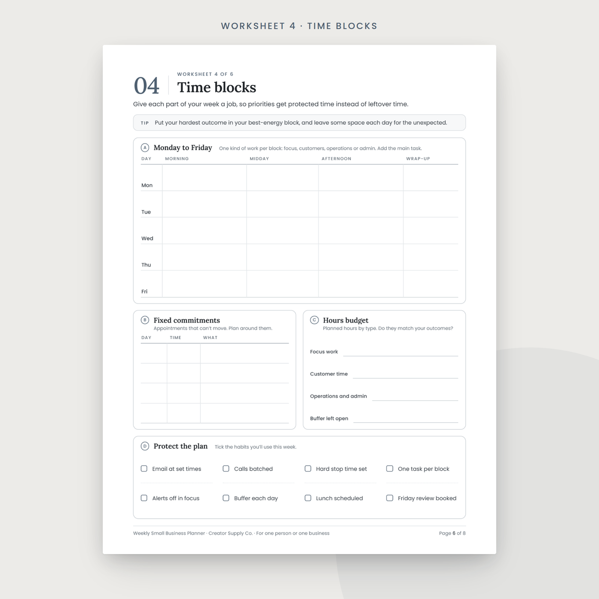 Weekly Small Business Planner sample worksheet page