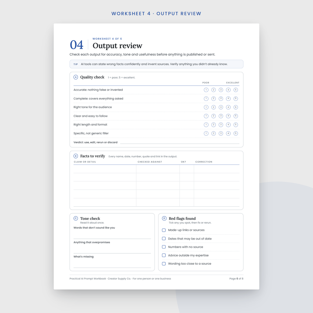 Practical AI Prompt Workbook sample worksheet page