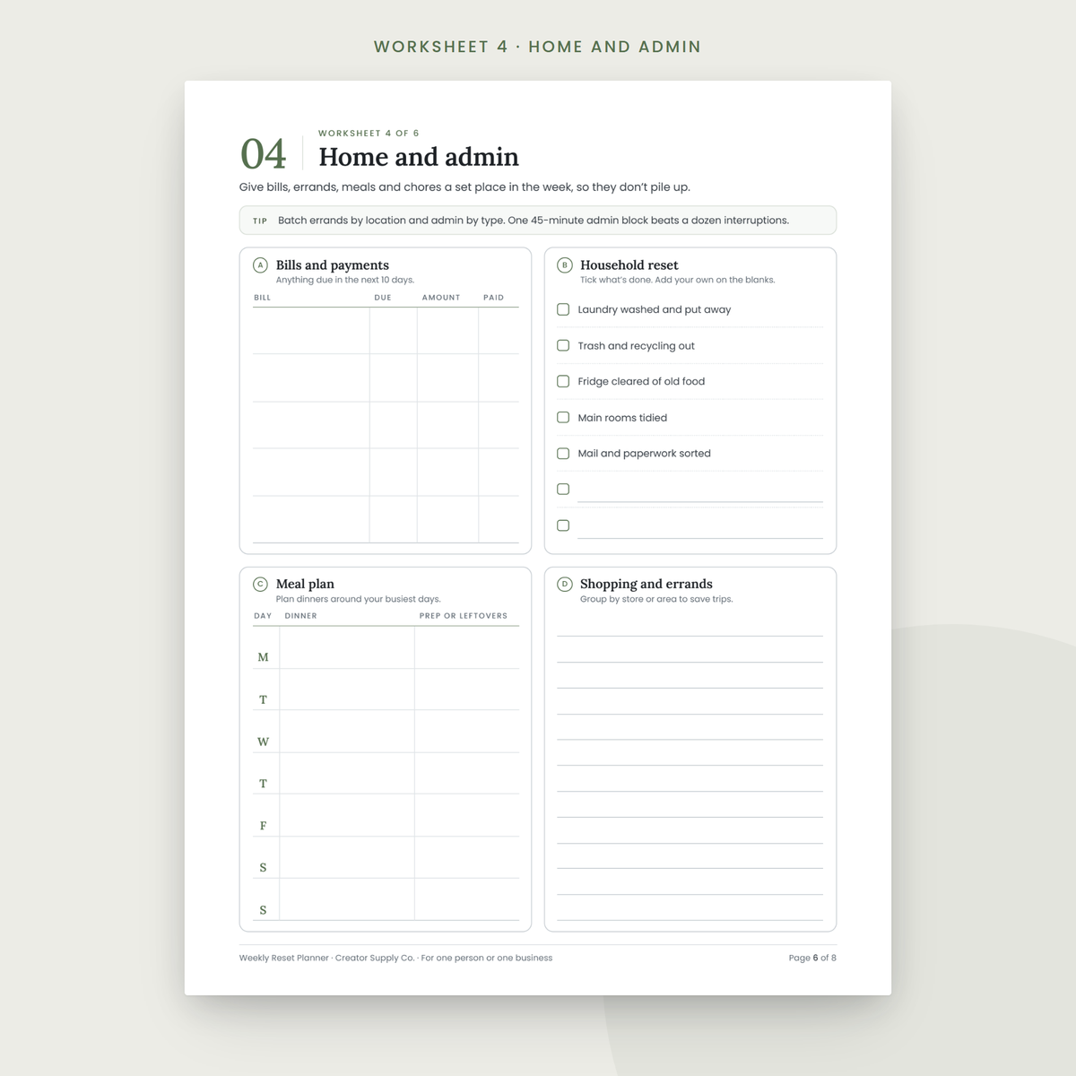 Weekly Reset Planner sample worksheet page