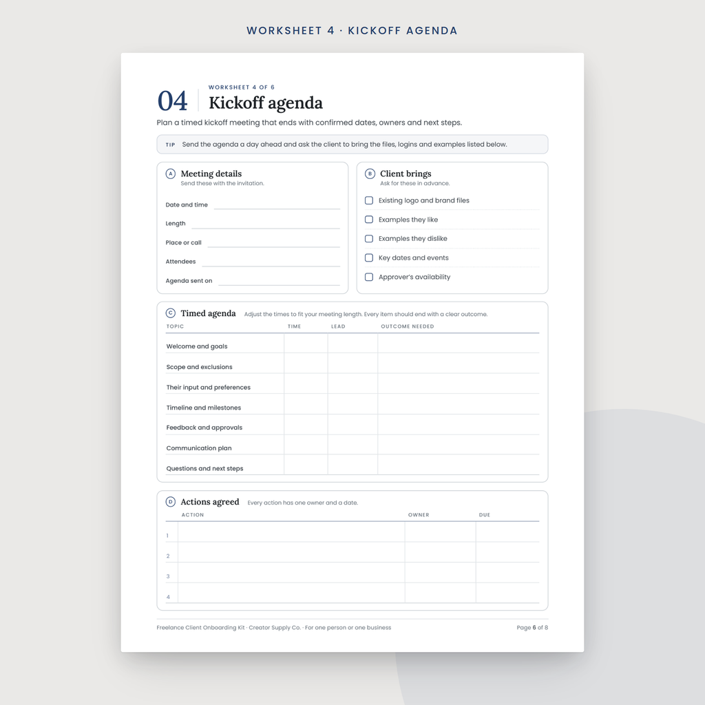 Freelance Client Onboarding Kit sample worksheet page
