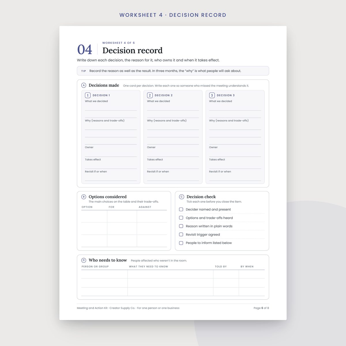 Meeting and Action Kit sample worksheet page