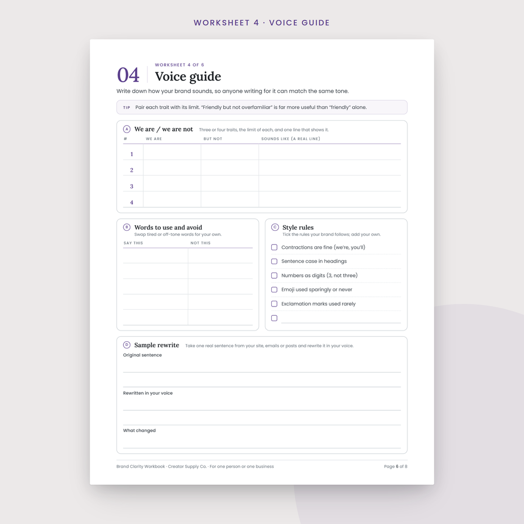 Brand Clarity Workbook sample worksheet page