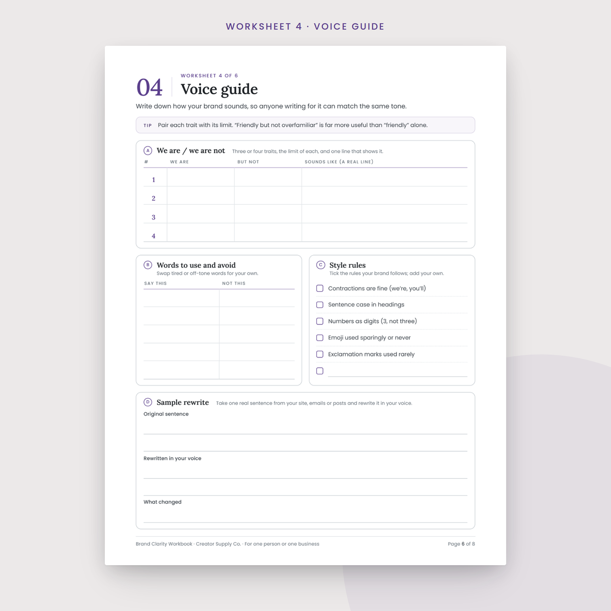 Brand Clarity Workbook sample worksheet page