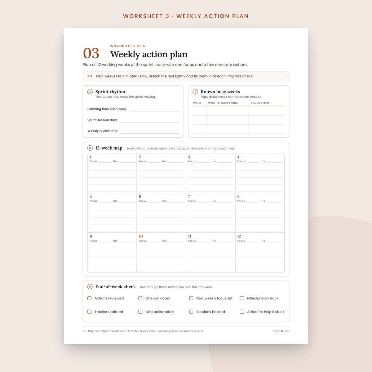 90-Day Goal Sprint Workbook sample worksheet page