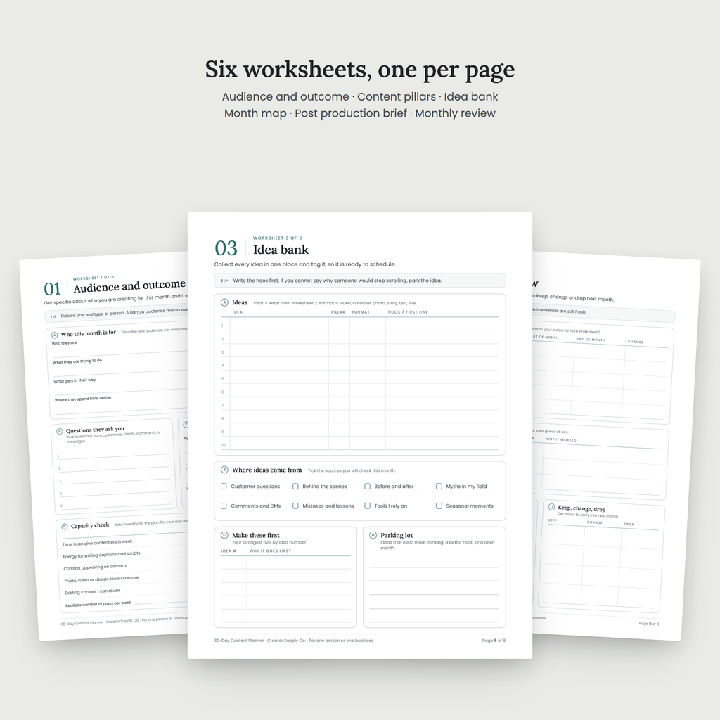 30-Day Content Planner worksheet pages spread