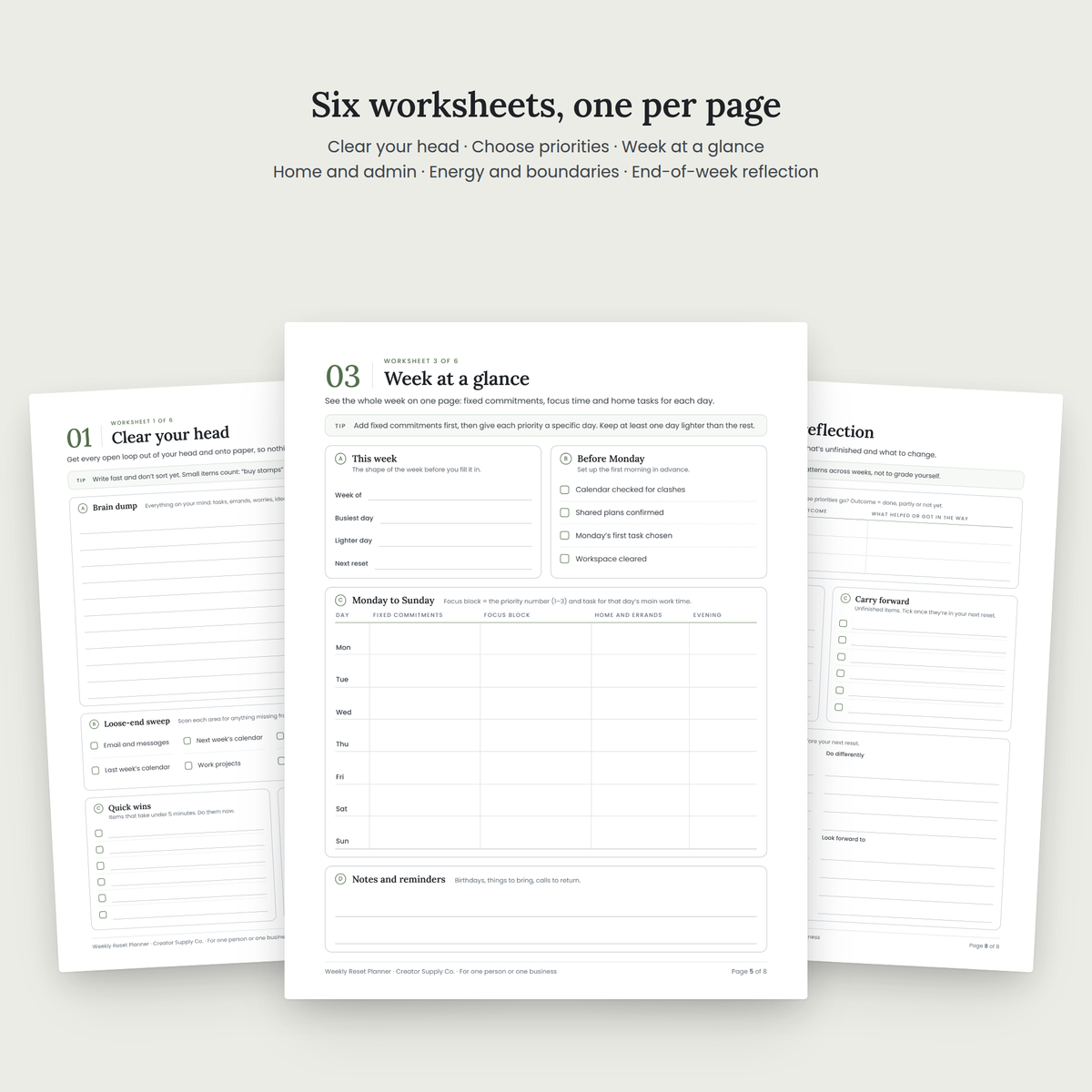 Weekly Reset Planner worksheet pages spread