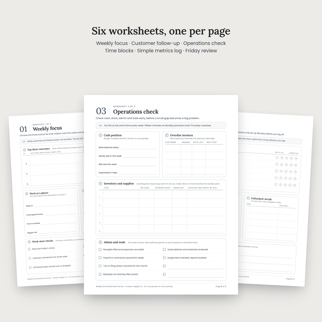 Weekly Small Business Planner worksheet pages spread