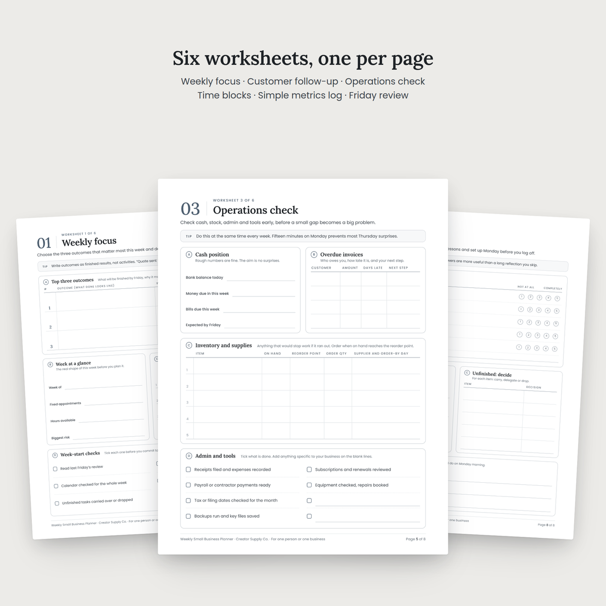 Weekly Small Business Planner worksheet pages spread