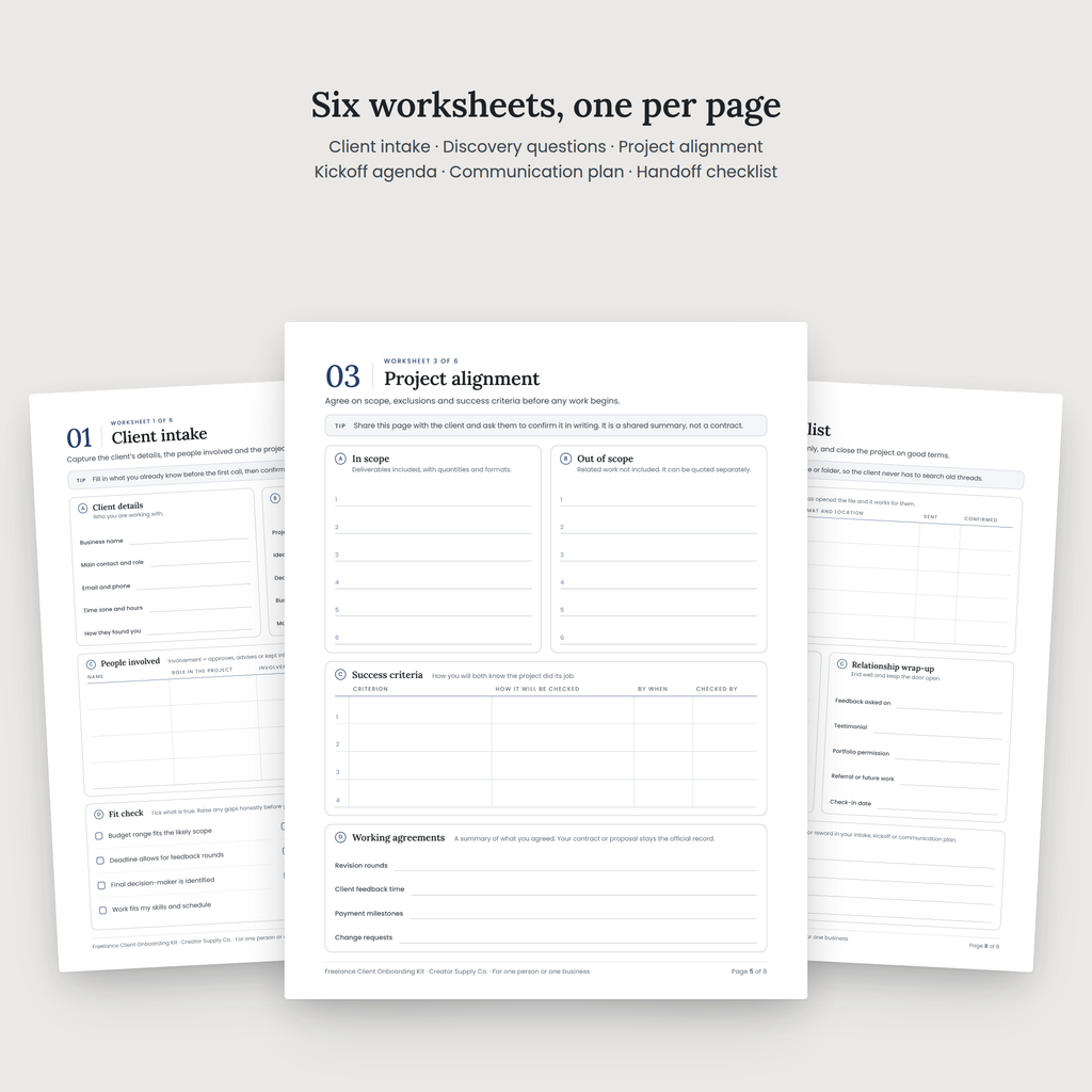 Freelance Client Onboarding Kit worksheet pages spread