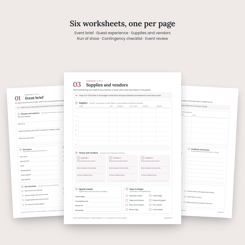 Small Event Planning Kit worksheet pages spread