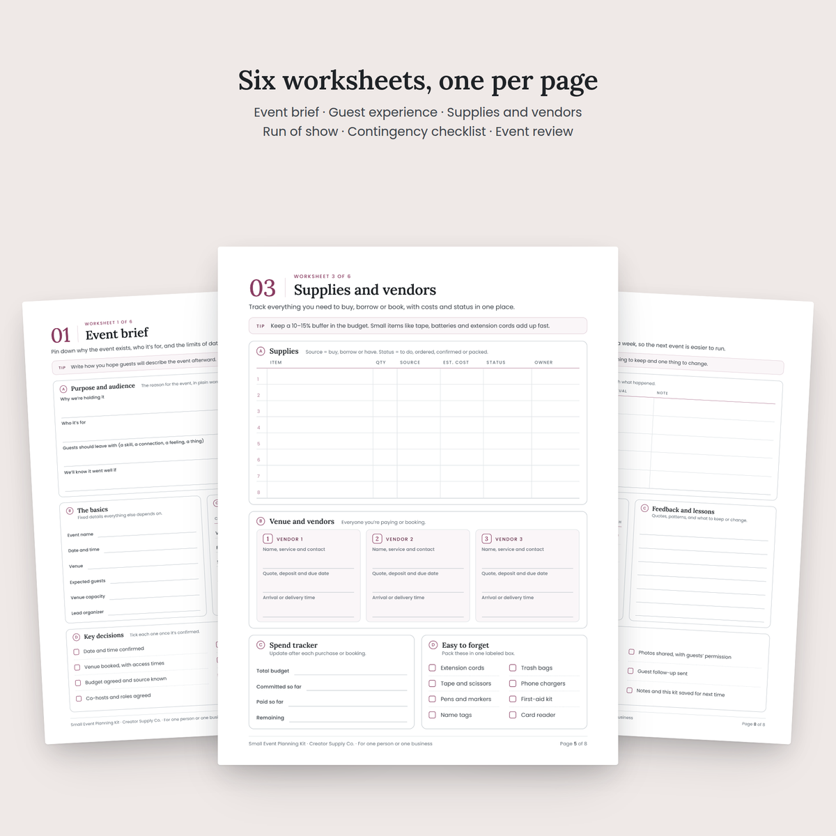 Small Event Planning Kit worksheet pages spread
