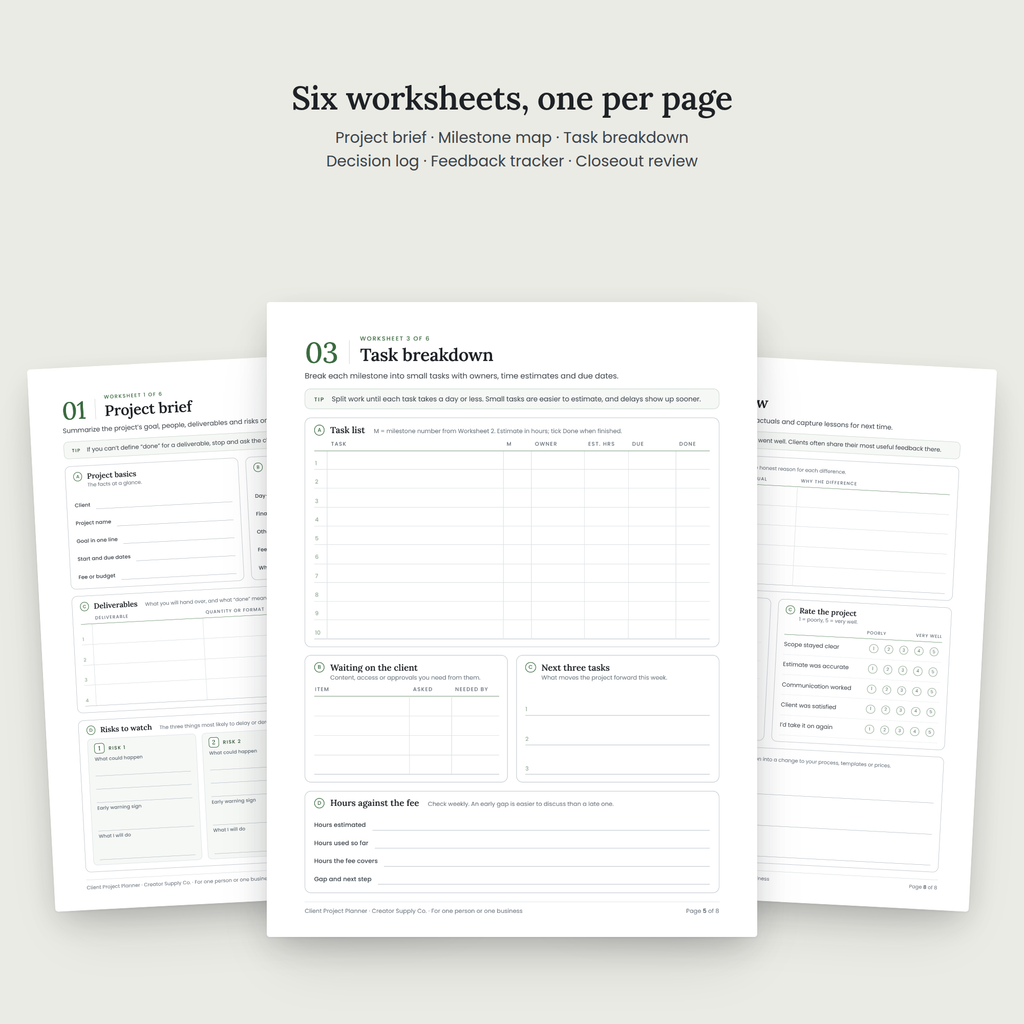 Client Project Planner worksheet pages spread