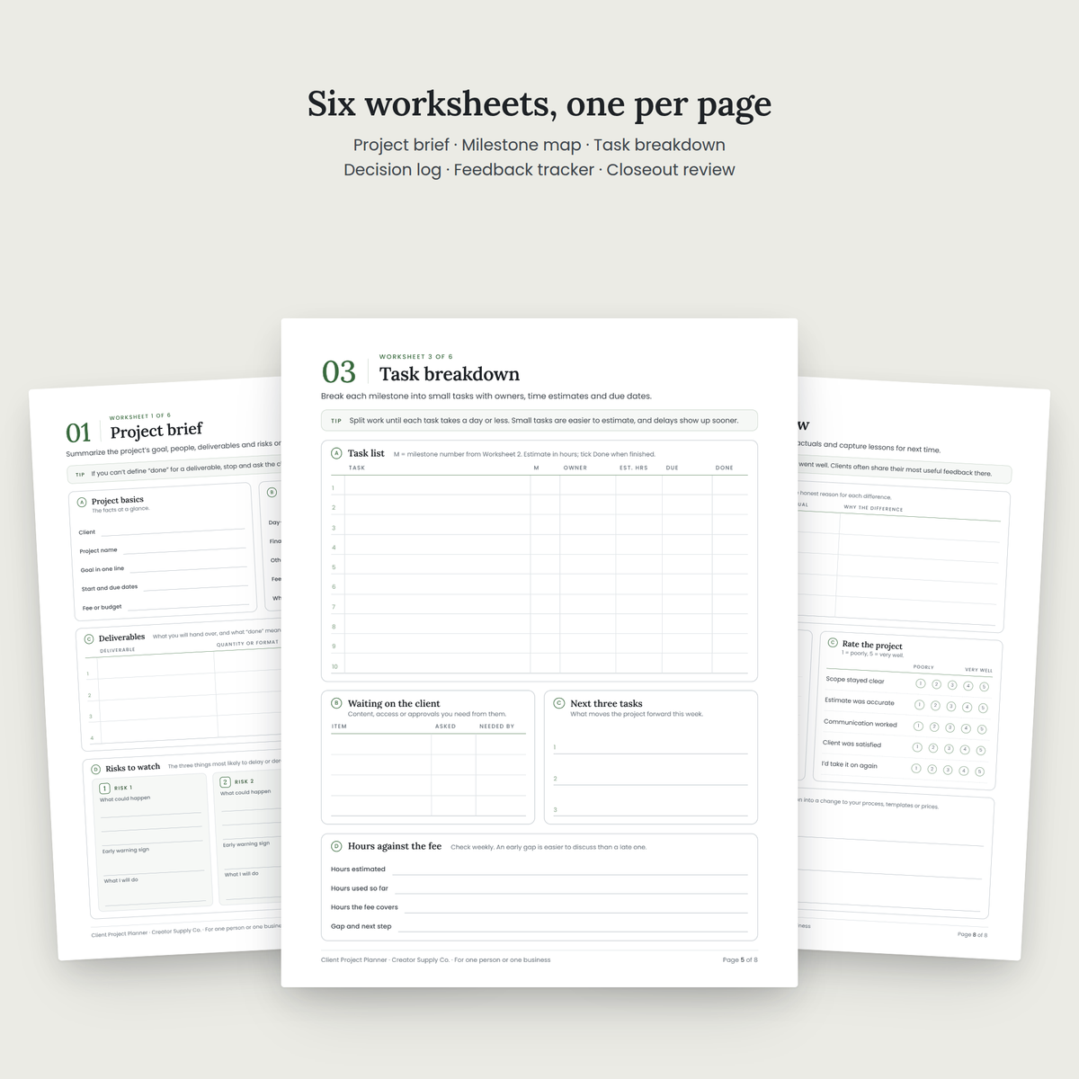 Client Project Planner worksheet pages spread