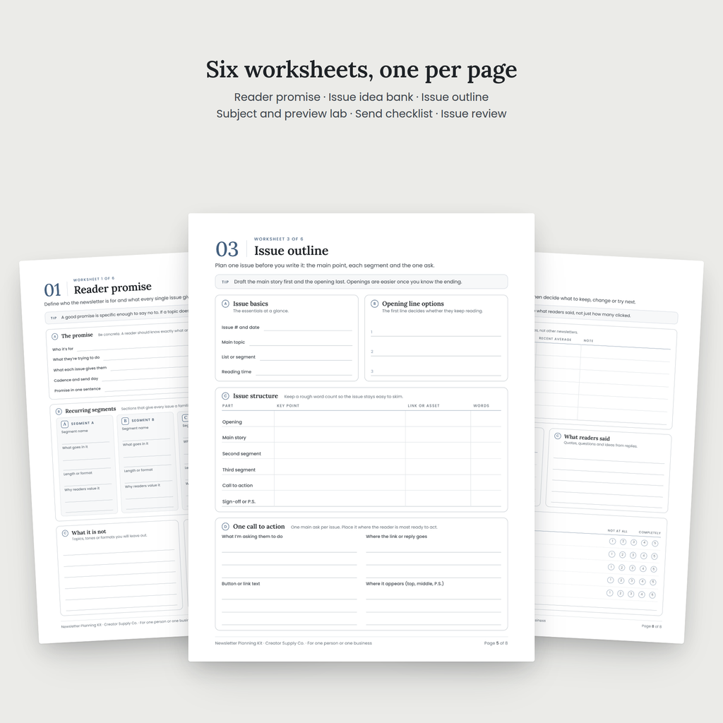 Newsletter Planning Kit worksheet pages spread