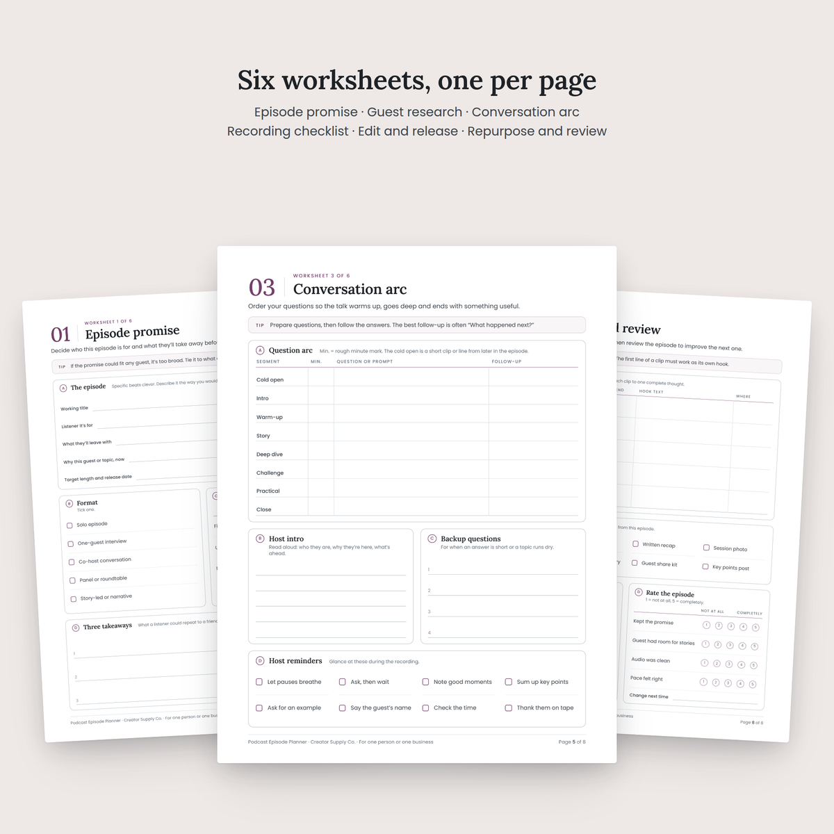 Podcast Episode Planner worksheet pages spread
