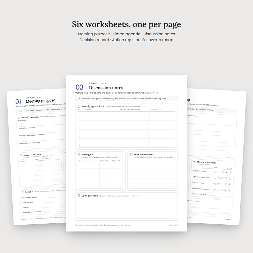 Meeting and Action Kit worksheet pages spread