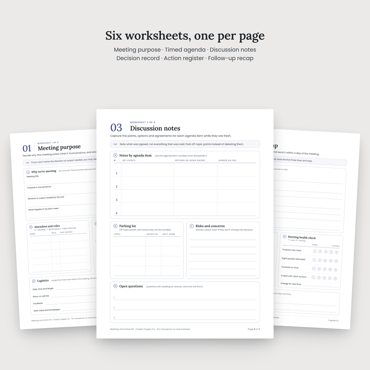 Meeting and Action Kit worksheet pages spread