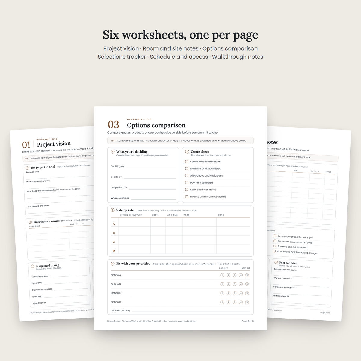 Home Project Planning Workbook worksheet pages spread