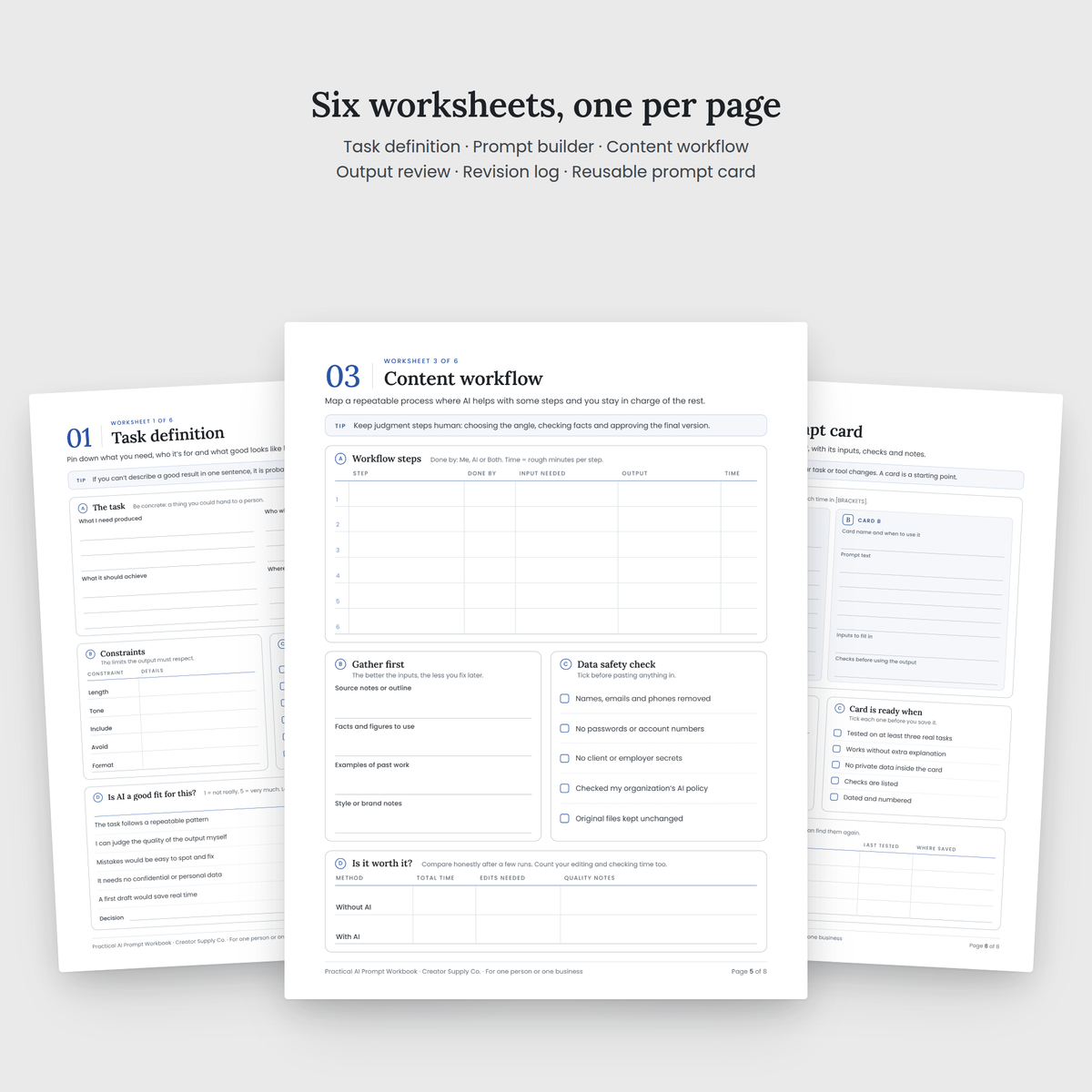 Practical AI Prompt Workbook worksheet pages spread