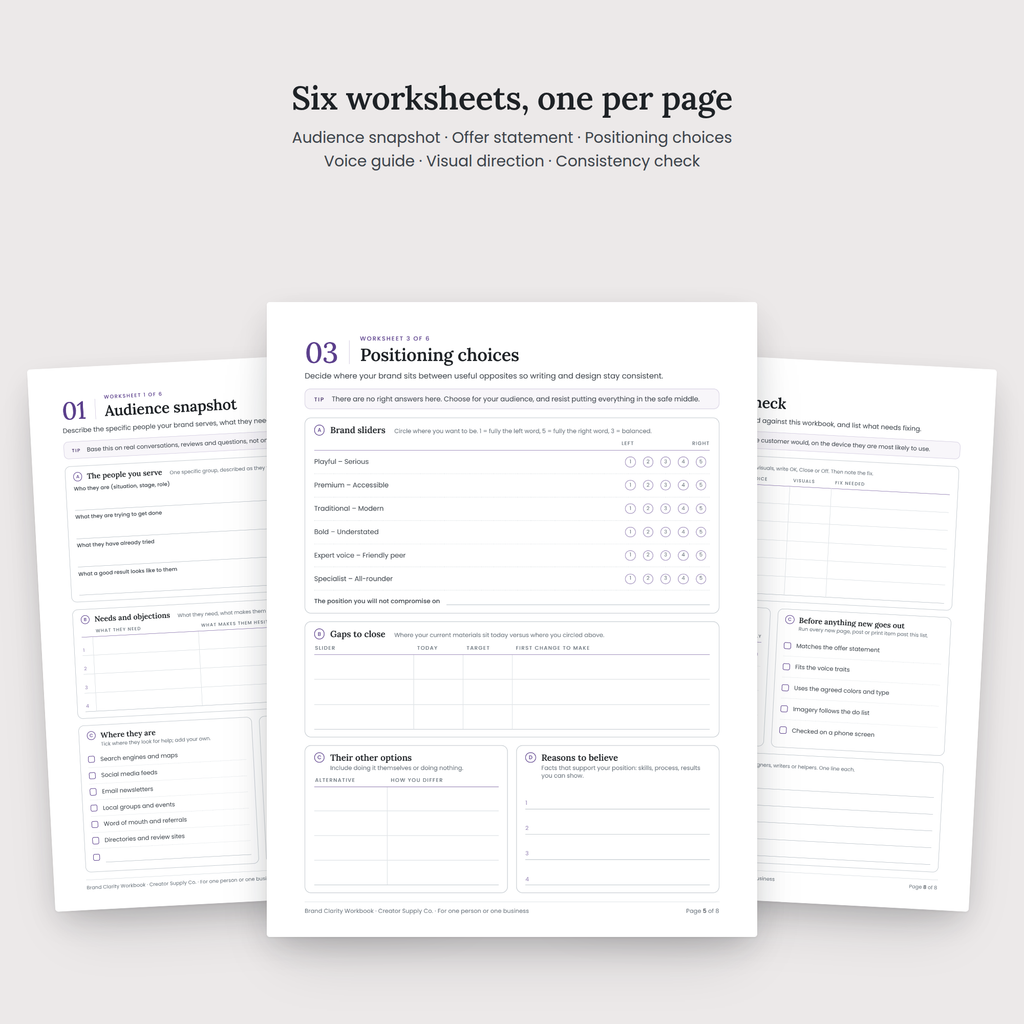 Brand Clarity Workbook worksheet pages spread