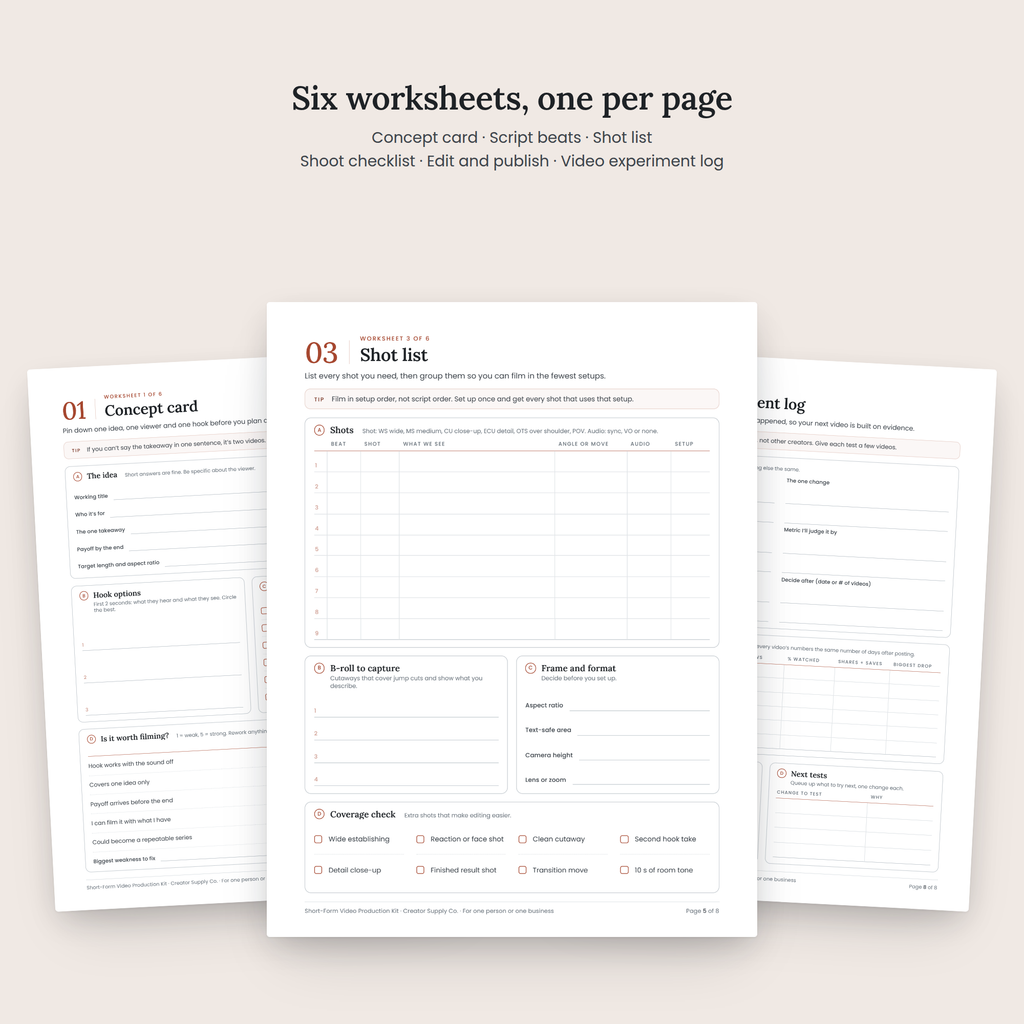 Short-Form Video Production Kit worksheet pages spread